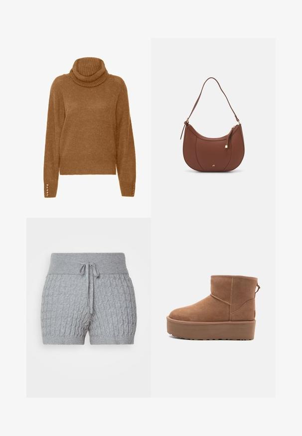 Pull à col roulé marron avec une finition douce et texturée et des manches longues. Présente des accents semblables à des perles sur les poignets.; Shorts en maille grise avec un design texturé, dotés d'une taille côtelée et d'un cordon de serrage ajustable. Longueur courte, tissu doux.; Bottine en suède tan avec une semelle plate-forme, un bout arrondi et des accents de couture ; elle est dotée d'une languette à l'arrière pour un enfilage facile.; Sac à épaule en faux cuir brun, de forme arrondie, avec des coutures minimales et un accent en matériel doré. Il possède une fermeture zippée sur le dessus et une sangle réglable.