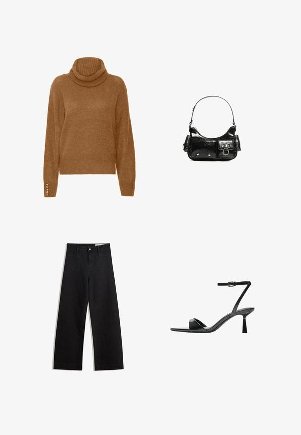 Bruine turtleneck trui met een zachte, tekstuurrijke afwerking en lange mouwen. Bevat parelachtige accenten op de manchetten.; Zwarte denim broek met wijde pijpen en een hoge taille, voorzien van voor- en achterzakken, gestikte naden en een knoopsluiting. Gladde textuur.; Bershka Sandalen met hoge hak - black; Zwarte laarzen in lakleer met een gebogen vorm, één schouderband, voorvakken en accenten in zilverkleurig metaal.