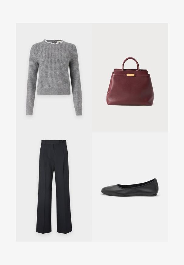 Gray knitted sweater with a ribbed texture, crew neckline, and a decorative chain-like detail at the collar. Long sleeves, cropped fit.; White long-sleeve shirt made of smooth fabric, featuring a collared neckline and a button front with light pink buttons.; Dark blue pinstriped trousers with a high waist, wide leg design, and no visible hardware or embellishments. Smooth texture and tailored fit.; Black leather ballet flat with a rounded toe, smooth texture, minimal stitching detail, and a flexible sole design.; Burgundy leather handbag with a structured design, featuring a top handle and a gold-tone accent. Smooth texture with no visible patterns.