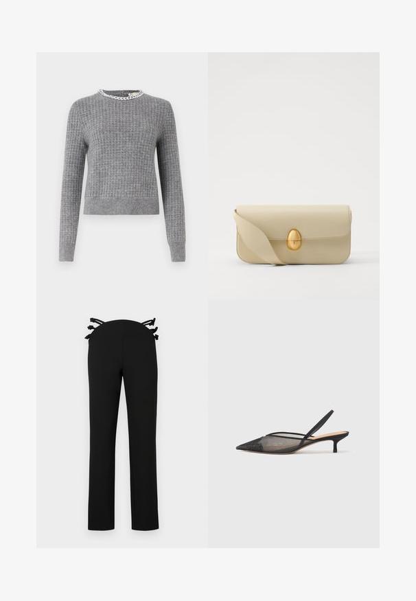 Gray knitted sweater with a ribbed texture, crew neckline, and a decorative chain-like detail at the collar. Long sleeves, cropped fit.; Black trousers with a straight leg design, featuring a waistband with black ribbon accents on the back. Smooth fabric with no visible patterns.; NEOUS IRENA - Classic heels - black; Beige leather handbag with a smooth texture, rectangular shape, and a golden oval clasp. Features a long, adjustable strap.