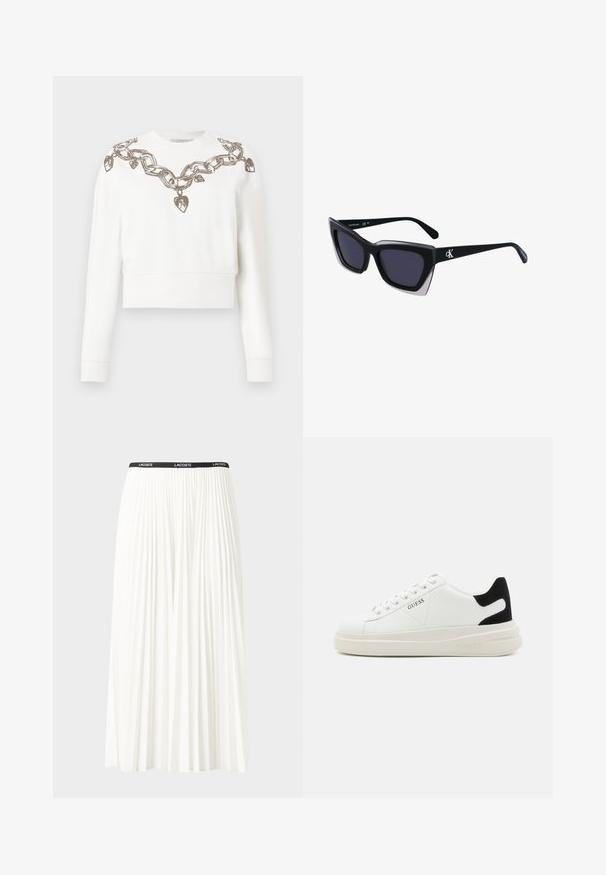 Bílá zkrácená mikina s dlouhými rukávy, zdobená vzorem řetězu a srdce ve metalické niti podél výstřihu a ramen.; Záhybová bílá sukně s černým elastickým pasem s logem "LACOSTE". Suška je střední délky a má jemnou texturu.; Bílé kožené tenisky s tlustou bílou podrážkou, černým semišovým akcentem na patě a vyraženým logem na boku. Šněrovací design se šesti očka.; Černé oversized sluneční brýle geometrického tvaru, s tmavými skly a kontrastním šedým detailem na rámu. Logo na rameni.