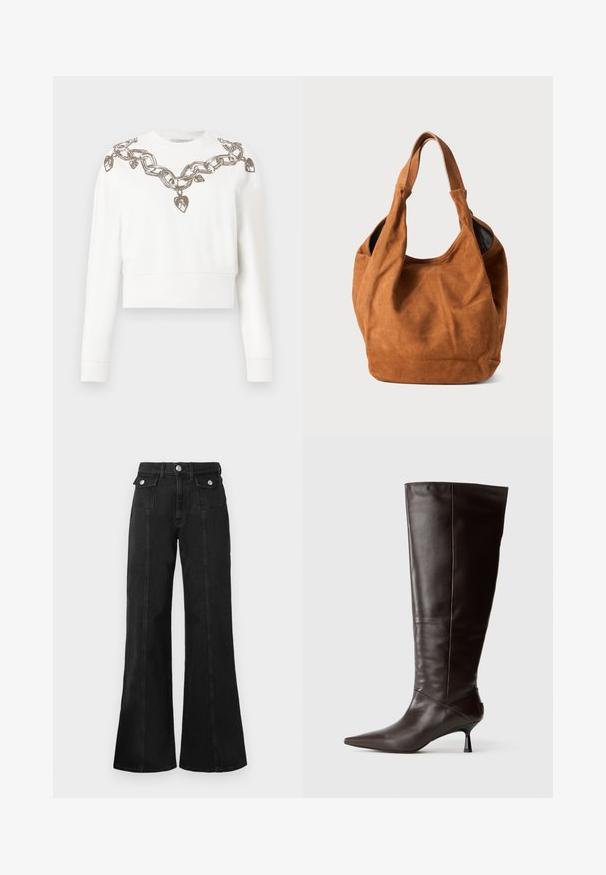 Valge lühendatud pusak, millel on pikad varrukad, kaunistatud metalltrossist rantide ja südame mustriga kaeluses ja õlgadel.; Mustad denim flared teksad kõrge vöökohaga, millel on kaks esimist taskut, hõbedatooni riistvara ja nähtavad õmblused ees.; pruunist nahast kuni põlve ulatuv saabas, millel on terav nina ja peen kõrge konts. Sile tekstuur ja stiilne disain, mis toob esile minimalismi silueti.; Pruun nubukist õlakott pehme tekstuuri, kumeriku kuju ja kahe käepideme ning minimaalsete joontega. Funktsioneerib ilma nähtava riistvara või aksessuaarideta.