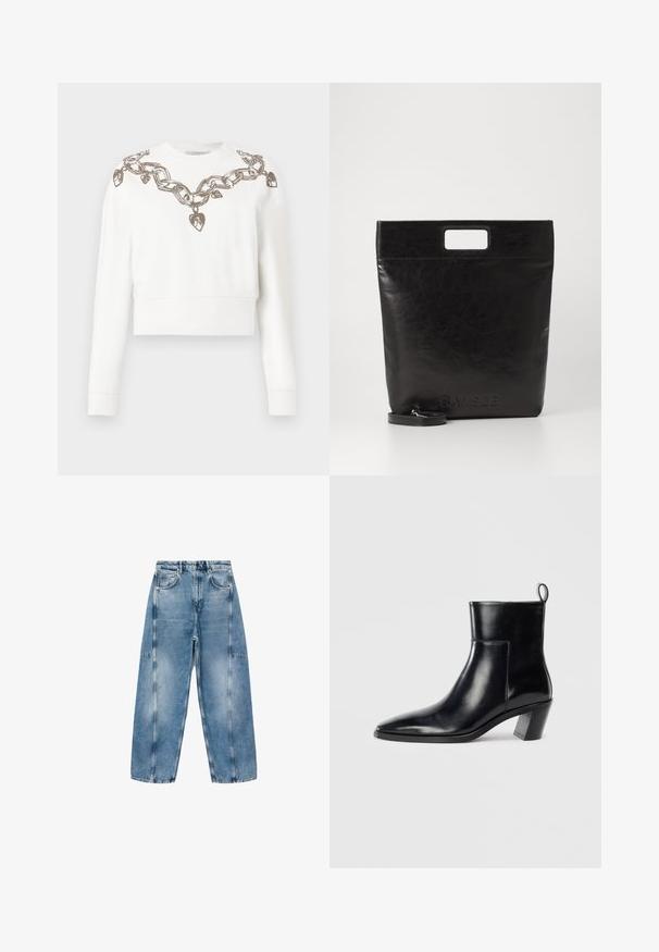 White cropped sweatshirt with long sleeves, featuring a chain and heart pattern in metallic thread along the neckline and shoulders.; Light blue denim jeans feature a relaxed fit, large pockets, and contrasting stitching. The fabric has a faded finish with a smooth texture.; Black leather ankle boot with a pointed toe, a geometric stacked heel, and a pull tab at the back. Smooth texture and sleek design.; Black leather tote bag with a square handle, featuring a textured finish and embossed logo. Includes a detachable strap.