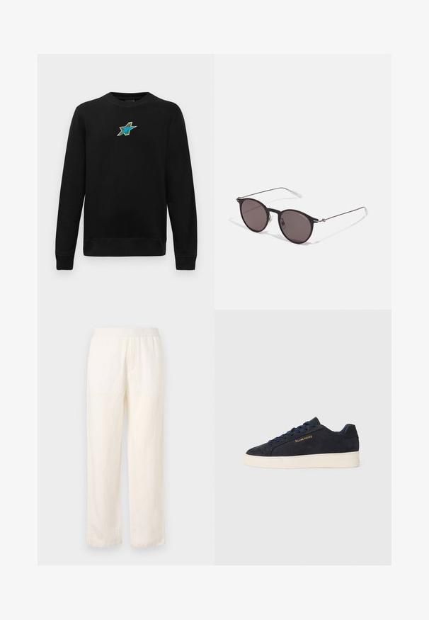 Svart langermet genser med rund hals, med et lite brodert blått og grønt stjernemønster sentrert på brystet.; Lettvekts, kremfargede bukser med elastisk midje, rak ben-design og subtil tekstur. Har ingen synlige lommer.; Marineblå ankelhøyde sneakers i semsket skinn med hvit såle, marineblå snøringer, og "Filling Pieces"-logo i gull på siden.; Sorte, runde solbriller med mørke linser og slanke metalarmer. Inkluderer klare temple tips og sølvfargede detaljer ved hengslet. Minimalistisk design.