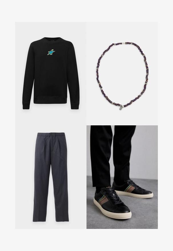 Černá mikina s dlouhým rukávem a kulatým výstřihem, se malým vyšitým modro-zeleným hvězdičkovým vzorem umístěným na hrudi.; Tmavě modré kalhoty vyrobené z měkké látky s designem s sklady vpředu a elastickým pasem. Obsahují zapínání na knoflík a rovný střih nohou.; Černé kožené tenisky s barevnými pruhovanými akcenty, kulatou špičkou a bílou gumovou podrážkou, s designem na šněrování a embosovaným brandingem.; Náhrdelník z barevných korálků s tmavě modrými, červenými a žlutými korálky, proložený stříbrnými akcenty a visícím přívěskem.