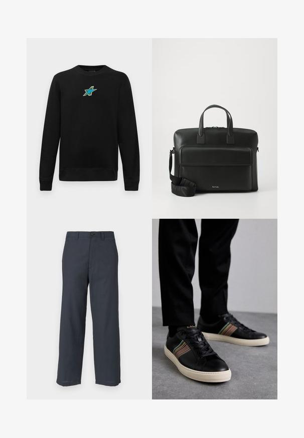 Čierna mikina s dlhým rukávom a okrúhlym výstrihom, so malým vyšívaným dizajnom modrej a zelenej hviezdy umiestneným na hrudi.; Tmavomodré nohavice z hladkej látky s rovnými nohavicami, dvoma prednými vreckami a zapínaním na jeden gombík.; Čierne kožené tenisky s multicolor pruhovanými akcentmi, okrúhlou špičkou a bielymi gumovými podrážkami, s šnurovacím dizajnom a embosovanou značkou.; Čierna kožená aktovka s dvoma hornými rúčkami, predným vreckom a odnímateľným popruhom, s diskrétnym logom na spodnej časti.