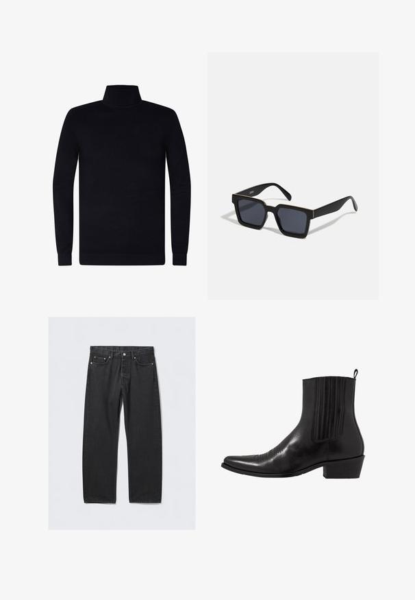 Pulover negru cu guler înalt, manșete și guler striate, material moale, ușor, cu mâneci lungi, fără logo-uri sau modele vizibile.; Jeans negri din denim cu croială dreaptă, având închidere cu buton, cinci buzunare și accente hardware de culoare cupru. Textură netedă.; Cizma de gleznă din piele neagră, cu vârf ascuțit, panouri laterale elastice, accente de cusături verticale și toc bloc mic.; Ochelari de soare dreptunghiulari negri cu lentile întunecate, având un design elegant și accente aurii pe cadru. Brațe texturate pentru aderență.