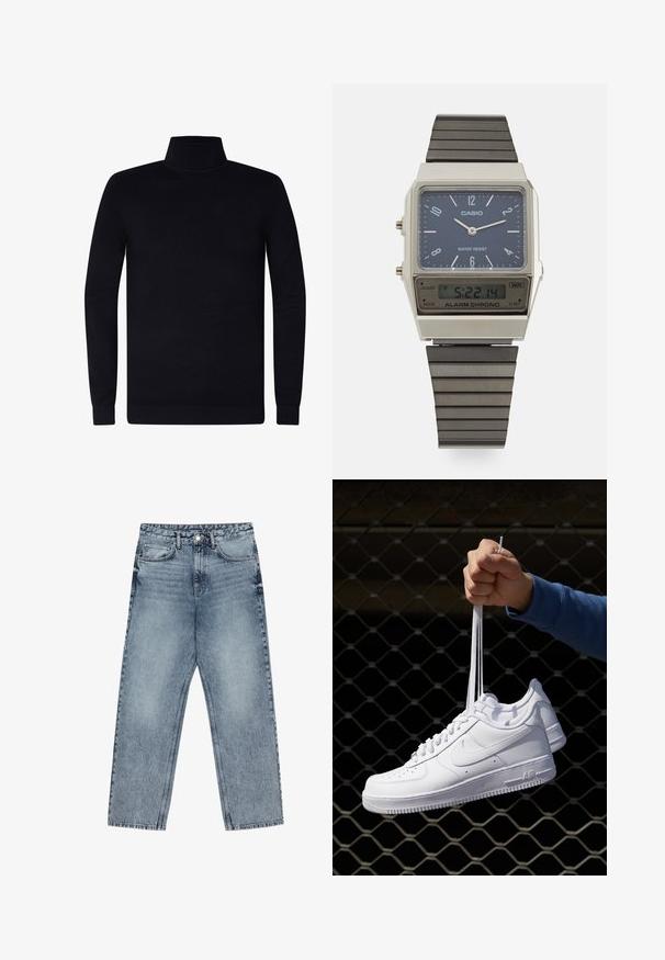 Pull en col roulé noir, avec des poignets et un col côtelés, en tissu tricoté doux, design léger, manches longues, sans marque ni motifs visibles.; Jean en denim bleu clair avec une coupe droite, couture visible, design à cinq poches et fermeture à bouton à la taille.; Baskets en cuir blanc avec perforations, à bout rond, semelle plate et lacets épais, arborant un logo swoosh visible et "AIR" sur le talon.; Montre numérique Casio avec un cadran bleu, un boîtier en acier inoxydable et un bracelet en caoutchouc noir à couches. Affiche l'heure et les réglages de l'alarme. Résistante à l'eau.