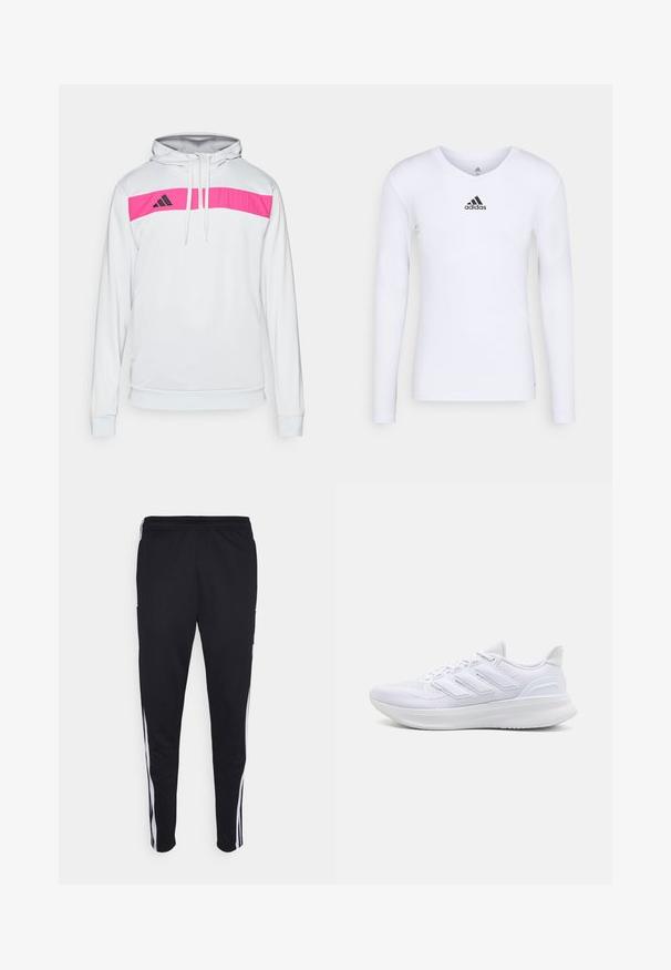Sudadera blanca con una franja horizontal rosa en el pecho, logo negro en el lado izquierdo, capucha con cordones y puños ajustados.; Camiseta deportiva de manga larga blanca, fabricada con material suave, que presenta un logo negro de Adidas en el pecho; diseño de cuello en V y forma ajustada.; Pantalones deportivos negros con un ajuste relajado, que cuentan con franjas laterales blancas, una cintura con cordón y dos bolsillos laterales. Hechos de tela suave.; Zapatillas deportivas blancas con una parte superior de malla texturizada, suela acolchada y soporte, y un diseño de tres rayas en el lateral.