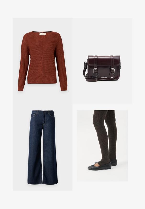 Rudai spalvos megztinis su V formos iškirpte, ilgomis rankovėmis ir tekstūriniu raštu. Savybė – subtilus griovelis ir laisvas siluetas.; Plati kojinės džinsai tamsiai mėlynos džinsinės medžiagos. Yra kontrastingas siuvimo ornamentas, penkios kišenės ir užsegimas mygtuku juosmenyje. Lygus paviršius.; Juodos plokščios bateliai su maža kaspinėlio detale prie pirštų, derinami su tamsiai rudos spalvos raukšlėtomis pėdkelnėmis. Bateliai turi lygų paviršių ir žemą profilį.; Bordo lakinės odos krepšys per petį, stačiakampio formos, su dviem diržais, sidabrinėmis detalėmis ir užtraukiama kiautu.