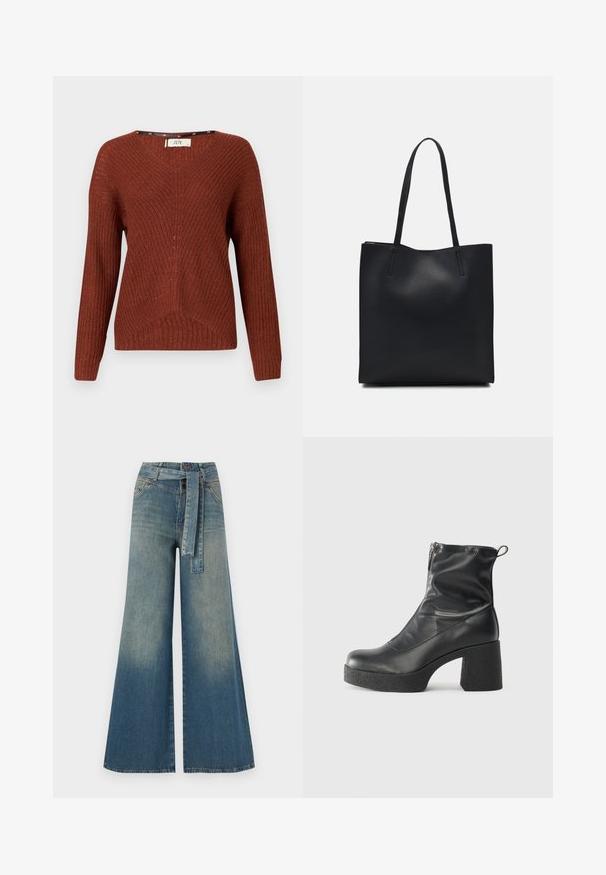 Rūsganas adītas džemperis ar V veida kakla izgriezumu, garām piedurknēm un teksturētu rakstu. Iespējas ietver smalku ribotu dizainu un brīvu piegriezumu.; Platām kājām džinsu bikses ar gaismas līdz tumši zilam gradientam, augstu jostas līniju, jostas cilpām un atbilstošu auduma jostu. Tekstūrēts džinsas apdare.; Melni potītes zābaki, kas izgatavoti no gludas ādas, ar sānu rāvējslēdzēju, masīvu strukturētu papēdi un noapaļotu purngalu.; Melnas ādas somiņa ar gludu tekstūru, taisnstūra formu un divām garām rokturiem. Nav redzamu aparatūras vai rotājumu.