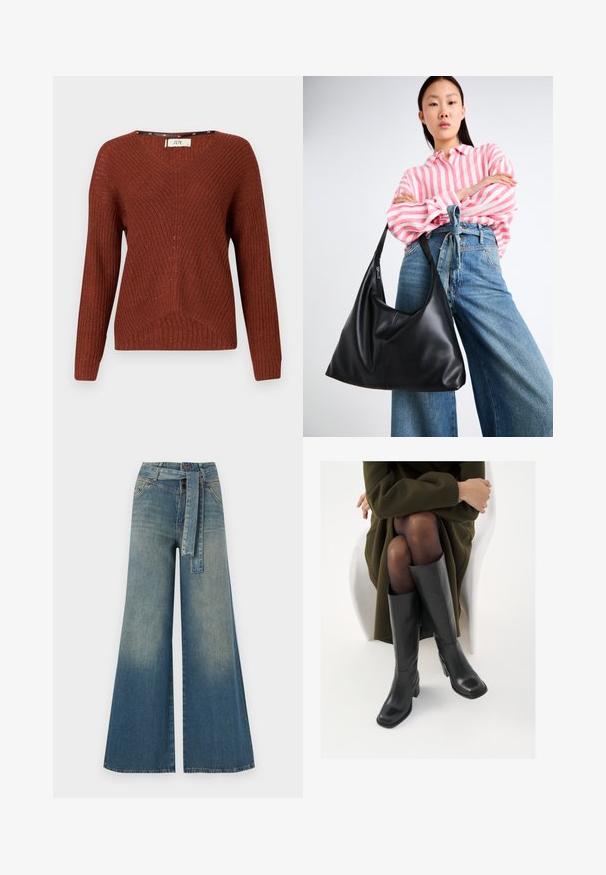 Svetr v rezavé barvě z pleteniny s výstřihem do V, dlouhými rukávy a texturovaným vzorem. Obsahuje jemný žebrovaný design a volný střih.; Džínové kalhoty širokého střihu s přechodem od světlé k tmavě modré, vysokým pasem, poutky na opasek a odpovídajícím opaskem ze stejného materiálu. Texturovaná džínovina.; Černé kožené boty po kolena s hranatou špičkou a blokovým podpatkem, předvedené na modelce sedící v olivově zeleném kabátu. Hladký povrch, minimalizované detaily.; Černá kožená taška přes rameno se uvolněným tvarem a švy. Model na sobě má růžovo-bílý pruhovaný top a široké modré džíny.