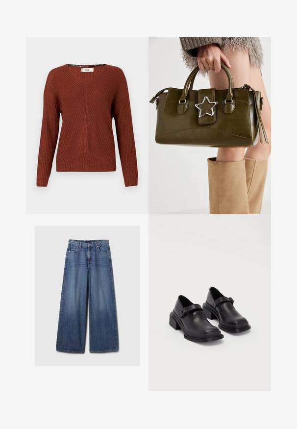 Maglione lavorato a maglia color ruggine con scollo a V, maniche lunghe e un motivo testurizzato. Presenta un design a coste discreto e una vestibilità morbida.; Jeans in denim blu a gamba larga con una finitura sbiadita, dotati di chiusura a bottone e zip, cinque tasche e passanti per cintura.; Scarpe in pelle nera con punta arrotondata, suola piatta e una cintura con dettaglio fibbia. Tacco a blocco spesso per una maggiore stabilità.; Borsa a mano in similpelle verde oliva con accentatura a stella argentata, manici doppi e chiusura con zip. Superficie testurizzata e forma strutturata.