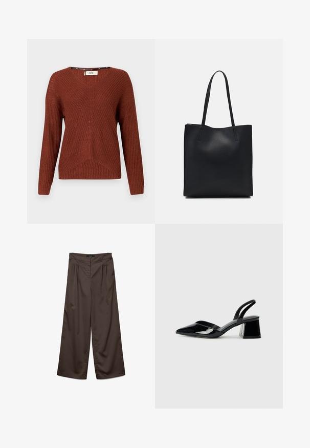 Raundvõetud kaelusega, rust-pruun kampsun, millel on pikad varrukad ja tekstuuriga muster. Omab peenet soonikdisaini ja vabamat lõiget.; Laiad püksid tumesinises kangas, millel on sile tekstuur. Omadusteks on voldid ees ja tavaline vöökoht.; Mustad musta lakknahk kingad, millel on terav varvas ja geomeetriline plokkkonts. Omab elegantselt minimalistlikku disaini ja sujuvat tekstuuri.; Mustast nahast kott sujuva tekstuuriga, ristkülikukujuline ja kahe pika sangaga. Pole nähtavat riistvara ega kaunistusi.