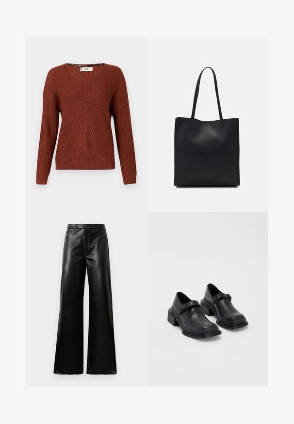 Rustfargetstrikket genser med V-hals, lange ermer og et teksturert mønster. Har et subtilt ribbestrikket design og en løs passform.; Sorte høy midje vide ben bukser i imitert skinn med knapp foran, glidelås, beltehemper og sidelommer på hvit bakgrunn.; Sorte lærersko med rund tå, flat såle og en rem med spenne-detalj. Kraftig blokkhæl for bedre stabilitet.; Svart lær tote bag med glatt tekstur, rektangulær form og to lange håndtak. Ingen synlige deler eller dekorasjoner.