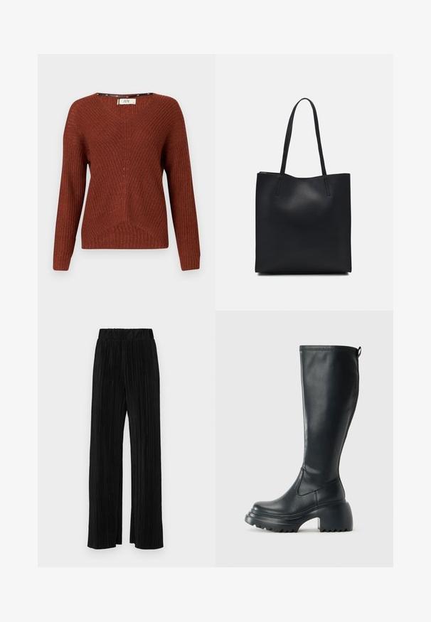 Maglione lavorato a maglia color ruggine con scollo a V, maniche lunghe e un motivo testurizzato. Presenta un design a coste discreto e una vestibilità morbida.; Pantaloni neri a plissé con vita elasticizzata. Presentano gamba ampia e un tessuto liscio e texture con strisce verticali.; Stivale lungo in pelle nera con suola piatta robusta e tacco a blocco, dotato di linguetta e battistrada testurizzato sulla suola.; Borsa tote in pelle nera con texture liscia, forma rettangolare e due manici lunghi. Nessun hardware o decorazione visibile.