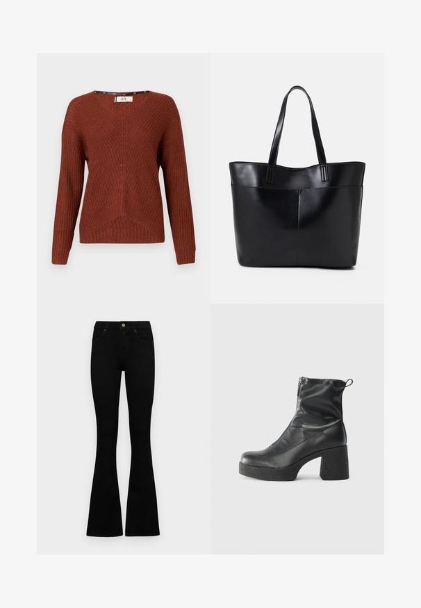 Rust-colored knitted sweater with a V-neck, long sleeves, and a textured pattern. Features a subtle ribbed design and a loose fit.; Black high-waist jeans with a button and zip closure, front pockets, and flared legs laid flat on a white background.; Black ankle boots made of smooth leather, featuring a side zipper, chunky textured heel, and rounded toe design.; Black leather tote bag with two long handles, a smooth texture, and a structured shape. Features a front pocket for additional storage.