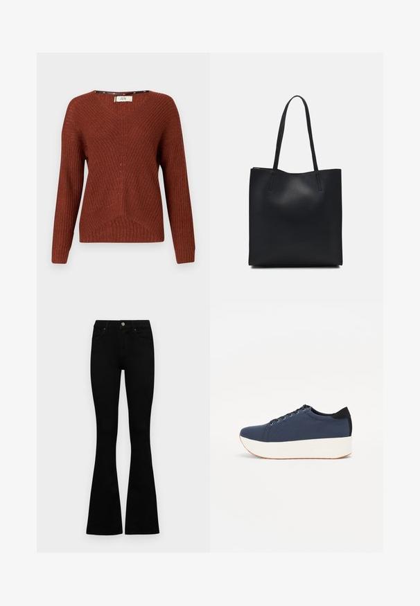 Sweter w kolorze rdzy, wykonany na drutach, z dekoltem w kształcie litery V, długimi rękawami i teksturowanym wzorem. Posiada subtelny prążkowany design i luźny krój.; Czarne, wysokie dżinsy z guzikem i zamkiem błyskawicznym, z przednimi kieszeniami i rozszerzanymi nogawkami, leżące płasko na białym tle.; Granatowe trampki z teksturowanej tkaniny, biała platforma, okrągły nosek i czarny akcent na pięcie. Posiadają sześć oczek na sznurówki.; Czarna skórzana torba tote o gładkiej fakturze, prostokątnym kształcie i dwóch długich uchwytach. Brak widocznych elementów metalowych i ozdób.