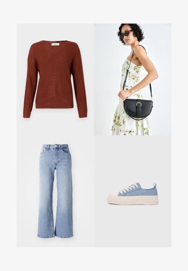 Pull en maille couleur rouille avec un col en V, des manches longues et un motif texturé. Présente un design à côtes subtil et une coupe ample.; Jean à taille haute, large et bleu clair, avec poches avant et arrière, fermeture à bouton et nuances subtiles d'usure sur les cuisses et les ourlets.; Baskets en toile bleu clair avec une coque en caoutchouc crème et une semelle extérieure, dotées de lacets blancs et d'une languette au talon.; Sac à main en cuir noir avec une forme courbée, bandoulière amovible et des accessoires en or. Le sac est doté d'un rabat avec un détail de boucle.