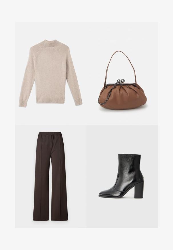 Maglione beige chiaro dalla consistenza texture con un alto collo a costine, maniche raglan e polsini e orlo a costine. Tessuto in maglia morbido e accogliente.; Pantaloni a gamba larga in tessuto marrone scuro con vita elastica, caratterizzati da una superficie liscia e linee pulite per un look elegante.; Stivale alla caviglia in pelle nera, con una superficie liscia, punta affilata e tacco alto e massiccio. Presenta una apertura laterale e un design minimalista.; Borsa a tracolla in pelle marrone con un design arricciato, manico corto in pelle e tracolla a catena. Presenta una chiusura in metallo argentato con due accenti rotondi.