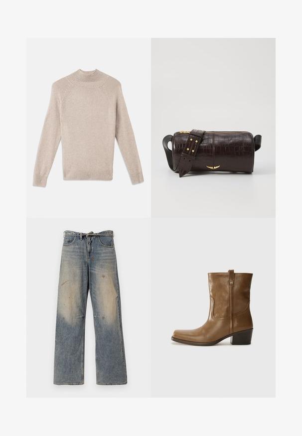 Svetlý béžový textúrovaný sveter s vysokým rebrovaným výstrihom, raglánovými rukávmi a rebrovanými manžetami a spodným lemom. Mäkka a útulná pletenina.; Svetlo modré džínsy s voľným strihom a rovnými nohavicami. Obsahujú efekt opotrebovania, vyblednutie a poškodené detaily pri kolenách. Klasický strih s piatimi vreckami.; Hnedé kožené členkové topánky so štvorcovou špičkou, textúrovaným povrchom a nízkym vrstveným podpätkom. Obsahujú zadný úchyt a diskrétne prešívanie.; Hnedá taška z kože s embosovaným vzorom krokodíla, cylindrického tvaru, so zlatými hardvérovými doplnkami a odnímateľným popruhom so štítkami.