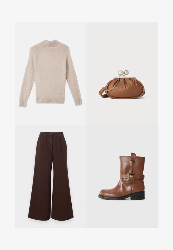 Suéter texturizado em bege claro com um gola alta canelada, mangas raglan e punhos e barra canelados. Tecido de malha suave e aconchegante.; Calças largas de cintura alta, castanhas, com fecho de botão e zíper, passantes para cinto e pregas frontais.; Bota de tornozelo em couro castanho, com bico arredondado, detalhe em fivela dourada na faixa e um salto baixo e texturizado na cor preta. Design simples e elegante.; Pasta de mão em couro castanho com fecho em bola prateada e um pequeno detalhe em corrente prateada sobre um fundo branco.