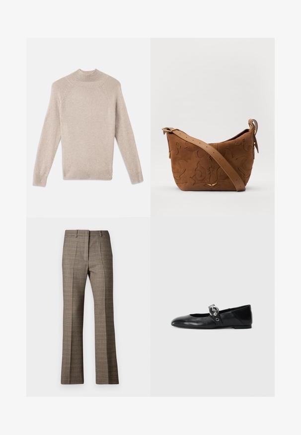 Pulover texturat de culoare bej deschis, cu guler înalt cu nervuri, mâneci raglan și manșete și tiv cu nervuri. Material tricotat moale și confortabil.; Pantaloni în carouri maro, cu un croi drept, având un material texturat și nuanțe subtile de bej și maron închis în întregul model.; Balerini din piele neagră, cu vârful ascuțit, având o curea cu o cataramă metalică circulară și o talpă plată.; Geantă de umăr din suede maro cu un design floral embosat, completată de o curea din piele maro netedă și accente din metal auriu.; O pereche de mănuși lungi din piele maronie închisă întinse pe o suprafață, cu cusături vizibile și un mic detaliu argintiu aproape de încheietura uneia dintre mănuși.