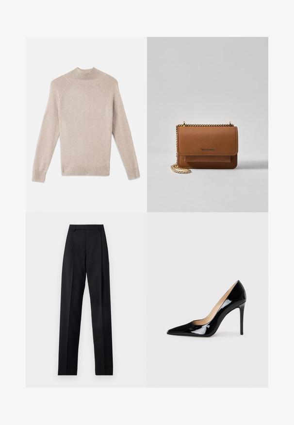 Light beige textured sweater with a high ribbed neckline, raglan sleeves, and ribbed cuffs and hem. Soft, cozy knit fabric.; Black trousers made from smooth fabric featuring a high waist, wide legs, front pleats, and classic belt loops. No side pockets visible.; Black patent leather high-heeled pump with a pointed toe design and a sleek silhouette. Features a smooth, shiny finish and a slender stiletto heel.; Brown textured leather crossbody bag with gold chain strap and flap closure. Front features logo detail and a pocket under the flap.