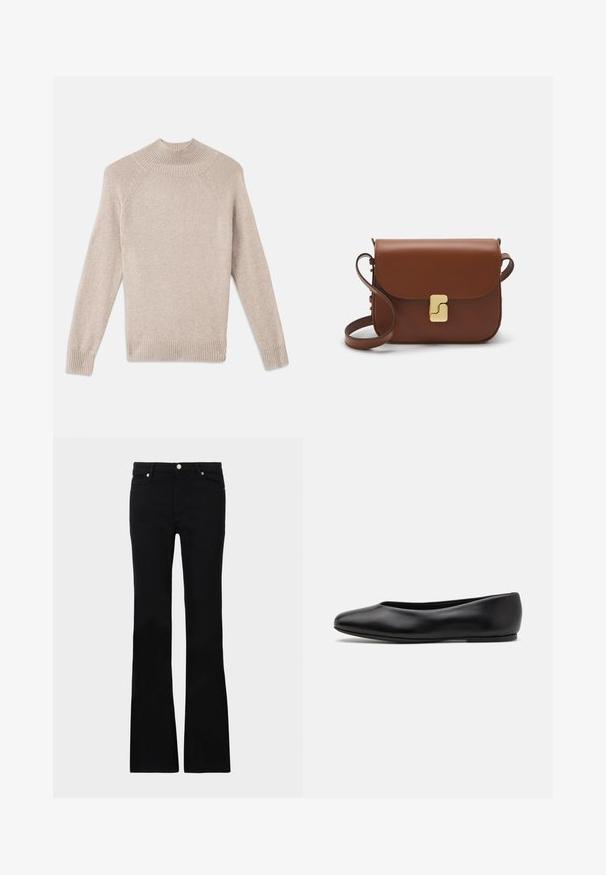 Light beige textured sweater with a high ribbed neckline, raglan sleeves, and ribbed cuffs and hem. Soft, cozy knit fabric.; Black flared jeans made of denim, featuring two front pockets, a button closure, and a smooth texture. Signature stitching visible at seams.; Paul Smith TOPANGA - Ballet pumps - black; Brown leather handbag with a flap closure, gold-tone hardware, a shoulder strap, and a smooth texture. Compact rectangular shape.