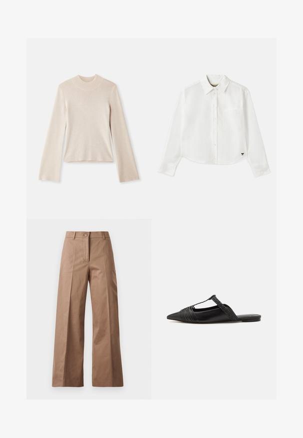 Hellbeige Langarm-Pullover mit Stehkragen aus weichem Material, taillierter Silhouette und geripptem Kragen. Schlichtes Design, keine Muster oder Akzente.; Weißes, kurzes Langarmhemd aus Baumwolle. Verfügt über eine durchgehende Knopfleiste, eine Brusttasche und ein kleines schwarzes Logo unten links.; Braune weite Hose aus einem glatten Stoff, mit einem Knopfverschluss vorne, zwei Fronttaschen und klaren, maßgeschneiderten Linien.; Schwarzer Leder-Slingback-Schuh mit spitzem Zehenbereich, ausgestattet mit einem geflochtenen Akzent und einem gefalteten Oberdesign. Flache Sohle mit minimalem Zubehör.