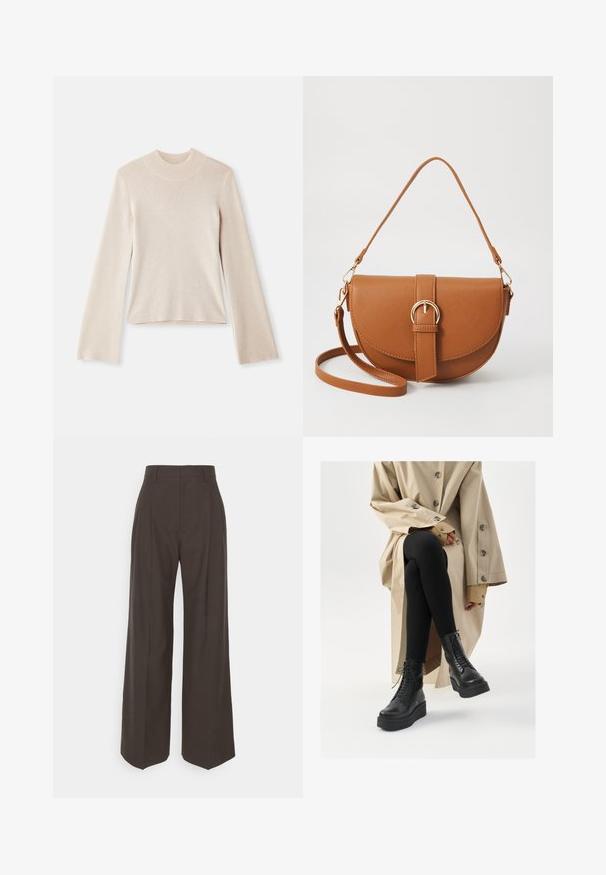 Suéter de cuello alto de manga larga en color beige claro, con una textura suave, silueta ajustada y cuello acanalado. Diseño simple, sin patrones ni acentos.; Pantalones de pierna ancha de color marrón oscuro con cintura alta, que presentan pliegues bien marcados, una textura suave y un ajuste a medida.; Botas de piel negra hasta el tobillo con detalle de cordones, suela de plataforma elevada y leggings negros texturizados, combinadas con un abrigo trinchera ligero en color beige claro.; Bolso bandolera de cuero marrón con forma curvada, herrajes dorados y un acento de hebilla. Incluye una correa de hombro desmontable.