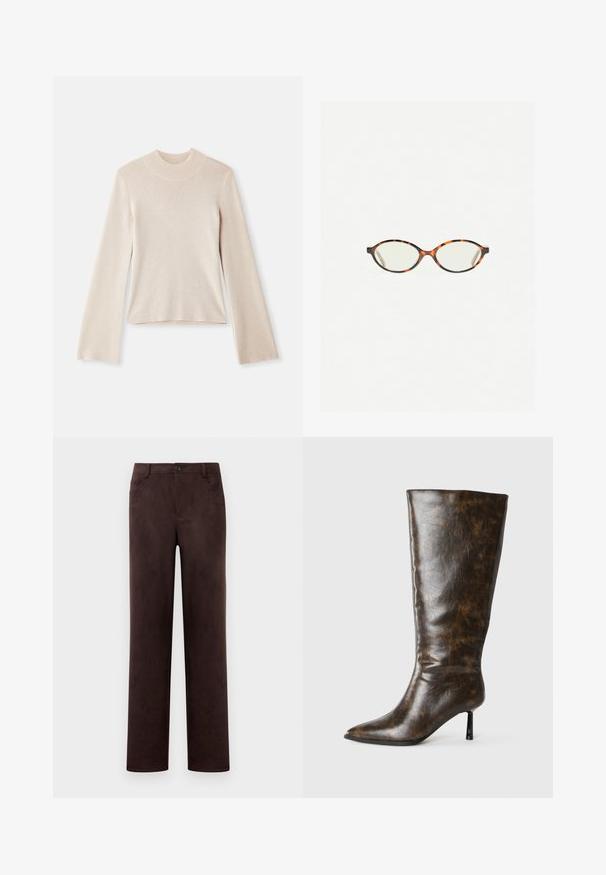 Maglione a maniche lunghe color beige chiaro con collo alto, dalla texture morbida, silhouette aderente e colletto a coste. Design semplice, senza fantasie o dettagli.; Pantaloni in suede marrone scuro a gamba dritta con chiusura anteriore a bottone e zip, passanti per cintura e tasche laterali.; Stivale ginocchiero in pelle marrone invecchiata con punta affusolata e sottile tacco a stiletto su sfondo bianco.; Occhiali in tartaruga con lenti ovali e una finitura liscia e elegante. Presentano aste sottili con una leggera curva alle tempie. Lenti trasparenti.; Borsa in pelle beige intrecciata con una singola tracolla, caratterizzata da una forma rettangolare e una superficie testurizzata. Inclusi gli accessori per la regolazione della tracolla.