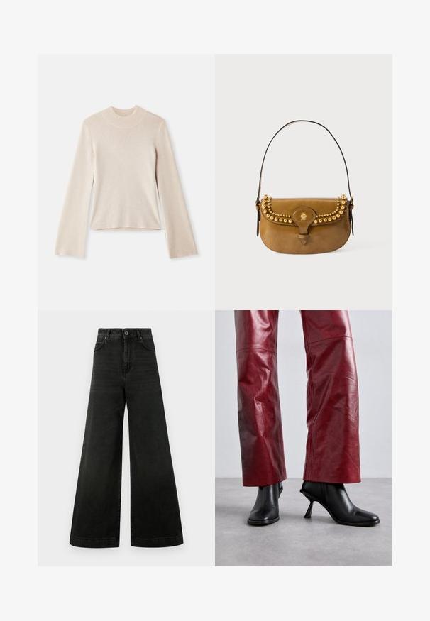 Light beige long-sleeve turtleneck sweater with a soft texture, fitted silhouette, and ribbed neckline. Simple design, no patterns or accents.; High-waisted, wide-leg jeans in dark black denim. Features include a button closure, front pockets, and a smooth texture with minimal fading.; Black heeled ankle boots with a pointed toe and angular design, paired with high-waisted red leather trousers featuring a subtle pattern.; Brown leather handbag with a curved shape, featuring gold stud accents along the top, a short strap, and a buckle closure.