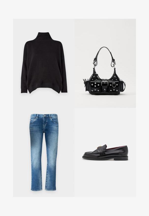 WEEKEND MaxMara BORGIA - Džemper - nero; Heledad sinine teksad sirge sääre kujundusega, õrnade plekkidega ja keskmise tõusuga vöökoht. Omab viit taskut ja vöörihmade kohti.; Mustad nahast loafers, millel on õmblustega muster, sile tekstuur, kuldne klamberdetail ja ümar varvas, paigutatud madalale mustale tallale.; Must värvi nahast käekott, millel on kaarjas disain, hõbedased nupukesed, kinnitusahe ja kaks külgtaskut. Reguleeritav rihm erinevate kandmisvõimaluste jaoks.