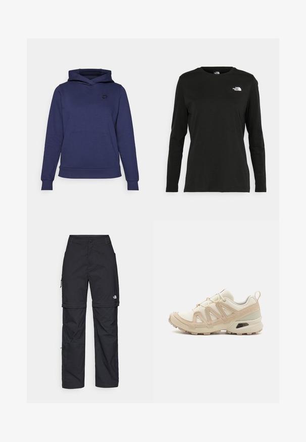 Tamsiai mėlynas gobtuvas, pagamintas iš minkštos medžiagos, su priekinėmis kengūrų kišenėmis, spyruokliniais rankogaliais ir mažu logotipu ant krūtinės.; Juodas ilgomis rankovėmis medvilninis marškinėliai su apvali apykakle. Savybė - mažas baltas logotipas kairėje krūtinės pusėje. Paprastas dizainas ir pritaikymas.; Juodos nailoninės krovinių kelnės su reguliuojamais rankovėmis, daugybe kišenių ir logo ant dešinės kojos. Lygi, lengva tekstūra.; Bežinės ir kreminės spalvos sportinės bateliai su tekstūruoto tinklelio viršutine dalimi, palaikančiomis detalėmis ir guminiais padais, turinčiais raštą, užtikrinantį sukibimą.