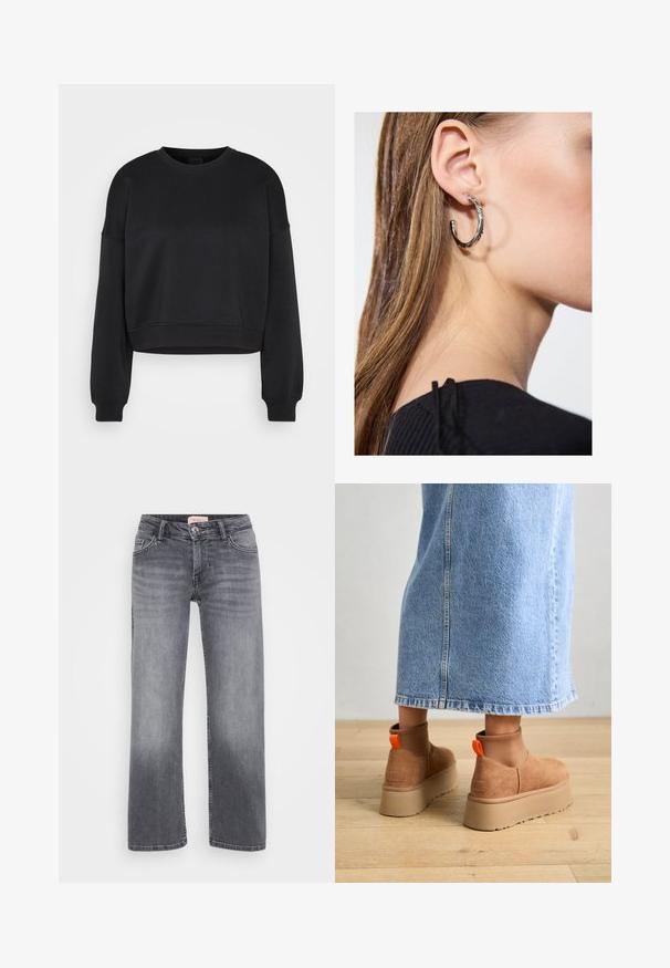 Sweatshirt cropped de mangas longas, preto, com decote redondo e punhos e bainha canelados, sobre um fundo cinza claro liso.; Jeans de ganga cinza com um design de perna reta, estilo de cinco bolsos, desbotamento subtil e fecho de botão na cintura.; Botas plataforma em camurça castanha com painéis laterais elásticos e puxadores laranja, combinadas com uma saia de ganga clara até ao joelho, em um chão de madeira.; Brinco de argola prateada com acabamento polido, apresentando pequenos detalhes em dourado e uma forma redonda, usado na orelha.