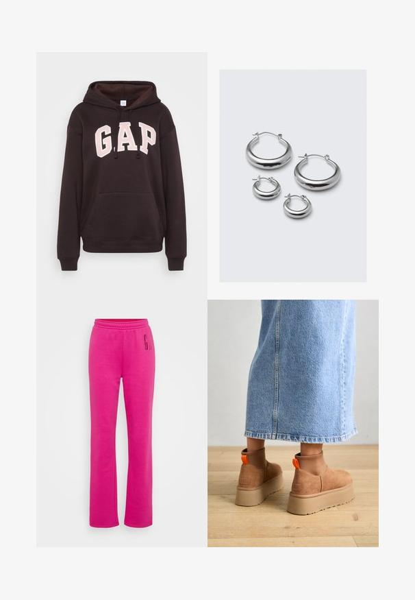 Svart hoodie med en stor, rosa broderad "GAP"-logotyp på framsidan, känguruficka, dragsko i huvan och ribbade muddar.; Rosa sweatpants med elastiskt midjeband, rak benstil och stor tryckt "G"-logotyp på vänster lår. Mjuk bomullsblandning.; Bruna mockakängor med plattform och elastiska sidopaneler samt orange dragflikar, till kombinerade med en knälång ljus denimkjol på ett trägolv.; Fyra par silverörhängen i olika storlekar: stora släta cirklar och mindre rundade stilar med en polerad yta och enkla lås.