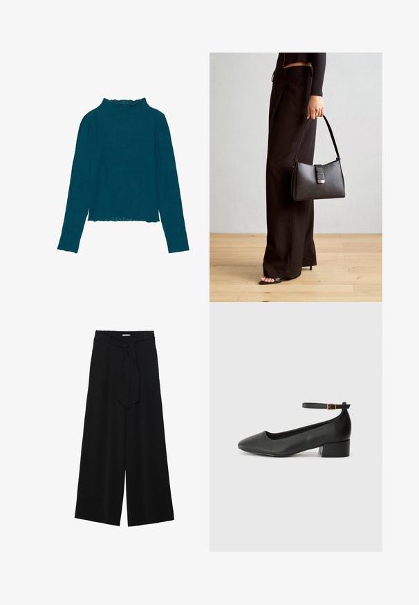 Teal geribbelde lange mouw top met een hoge ruches halslijn en een rechte zoom, met een textuurstof en een getailleerd ontwerp.; Zwarte wijde broek van textuurstof, met een elastische tailleband en een afneembare sjaalstrik in de taille voor een verstelbare pasvorm.; Zwarte leren pump met een spitse neus en een lage blokhak. Beschikt over een enkelband met een goudkleurige gespsluiting. Gladde textuur.; Zwarte handtas met gestructureerde vorm, gladde textuur en een metalen sluiting. Gecombineerd met brede zwarte broeken en sandalen met open teen op een houten vloer.