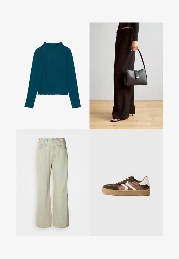 Türkises, geripptes Langarmshirt mit hohem, gefälteltem Kragen und geradem Saum, aus strukturiertem Stoff und figurbetontem Design.; Hellblaue Schlagjeans aus Denim mit hoher Taille, fünf Taschen und subtilen Ausbleichungen sowie kontrastierenden Nähakzenten.; Braune und cremefarbene Sneakers aus einer Kombination von Wildleder und Satin, mit drei diagonalen Streifen und einer strukturierten Gummisohle.; Schwarze Handtasche mit strukturierter Form, glatter Textur und einem metallischen Verschluss. Kombiniert mit weiten schwarzen Hosen und offenen Sandalen auf einem Holzboden.; Silberne Creolen mit polierter Oberfläche, die kleine goldene Akzentdetails und eine runde Form aufweisen, am Ohrläppchen getragen.