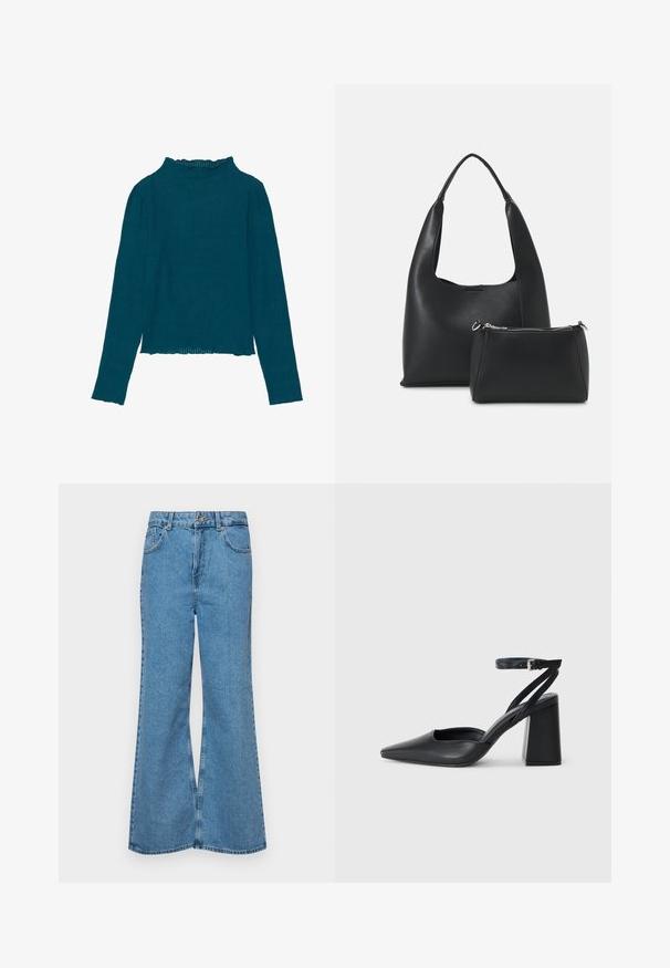 Tengerszínű bordázott hosszú ujjú felső magas fodros nyakkivágással és egyenes szegéllyel, strukturált anyaggal és testhezálló fazonnal.; Világoskék, trapézszárú farmernadrág, magas derékkal, öt zsebbel és egy gombos záródással. Puha tapintású, magasított effektusú anyag.; Fekete bőr, hegyes orrú magassarkú cipő boka pánttal és vastag sarokkal. Sima textúra, elegáns dizájn és minimális esztétika.; Even&Odd SET - Kézitáska - black