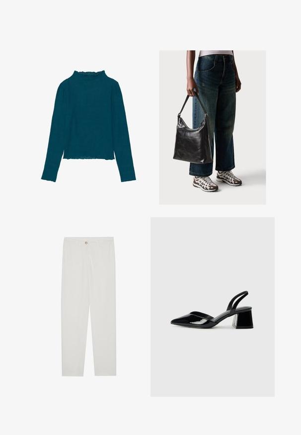 Teal ribbed long-sleeve top with a high ruffled neckline and a straight hemline, featuring a textured fabric and fitted design.; White, tailored trousers with a straight leg design, featuring a button closure, belt loops, and side pockets; smooth fabric texture.; Black patent leather slingback heels with a pointed toe and a geometric block heel. Features a sleek, minimal design and smooth texture.; Black leather shoulder bag with a smooth texture and adjustable strap, paired with faded wide-leg jeans and athletic sneakers.