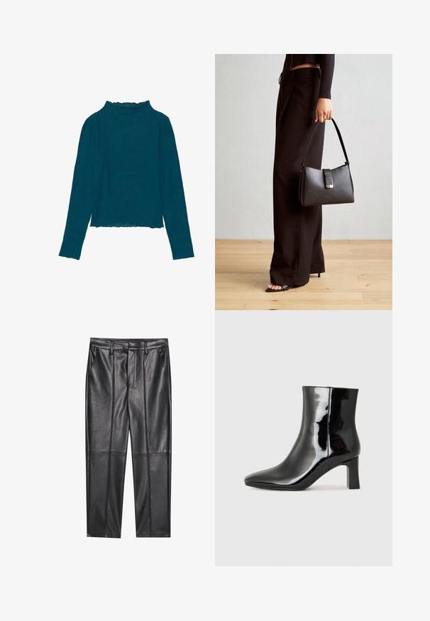 Teal geribbelde lange mouw top met een hoge ruches halslijn en een rechte zoom, met een textuurstof en een getailleerd ontwerp.; Zwarte leren broeken met een gladde textuur, voorzien van een rechte pasvorm, twee voorzakken en zichtbare naaddetail.; Zwarte gepolijste leren enkellaars met een spitse neus en een blokhak van gemiddelde hoogte. Glad textuur en minimalistisch ontwerp.; Zwarte handtas met gestructureerde vorm, gladde textuur en een metalen sluiting. Gecombineerd met brede zwarte broeken en sandalen met open teen op een houten vloer.