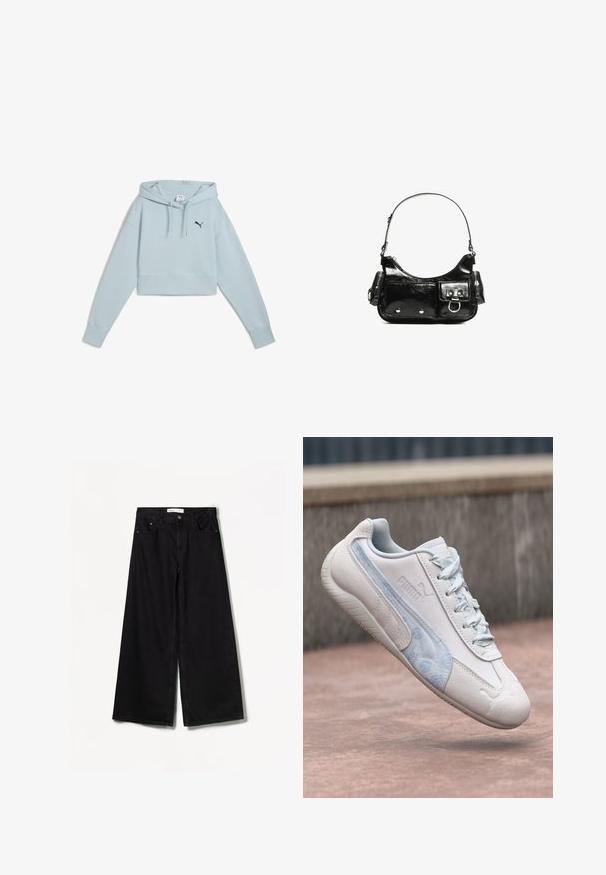 Világoskék, rövidített kapucnis pulóver puha anyagból, elülső kenguruzsebbel, húzózsinórral ellátott kapucnival és sötétkék logóval a bal mellkason.; Bershka WIDE-LEG - Széles szárú - black; Fehér sneaker sima bőr felsőrésszel, kék akcentussal az oldalon, és strukturált díszítéssel az oldalpaneleken. Fűzős és gumitalppal rendelkezik.; Fekete lakkbőr kézitáska ívelt formával, egy vállpánttal, elülső zsebekkel és ezüstszínű fémrészletekkel.