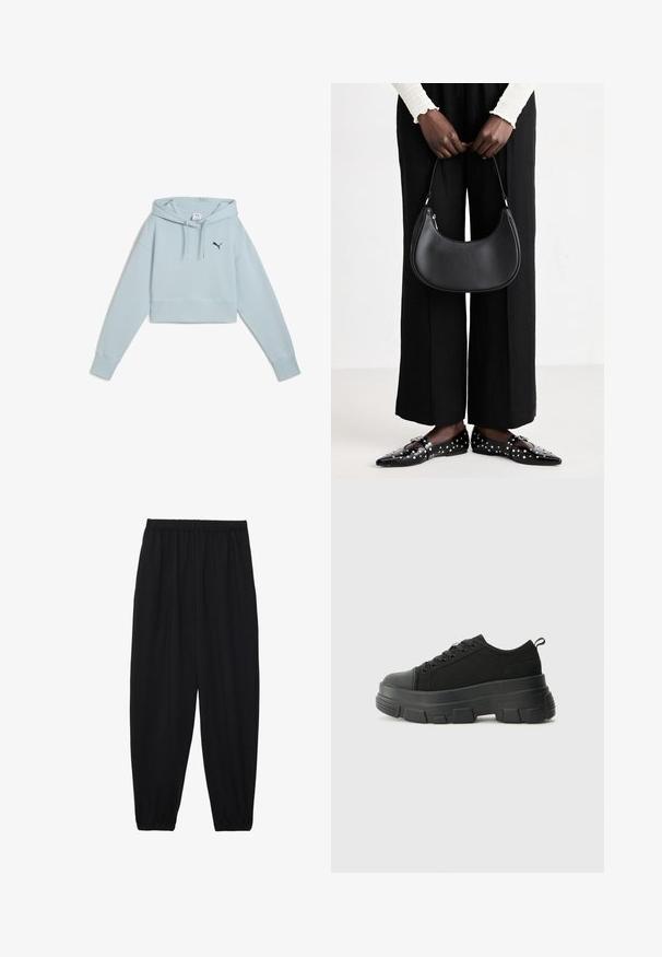 Svetlomodrá skrátená mikina vyrobená z mäkkého materiálu, s prednou klokankou, kapucňou na šnúrku a námorníckym logom na ľavej hrudi.; Čierne, ľahké nohavice s elastickým pásom a zúženými nohavicami. Tkanina je hladká a má voľný, zúžený strih.; Čierne tenisky s masívnou gumovou podrážkou, textúrovaným textilným zvrškom, okrúhlou špičkou a šnurovaním. Obsahujú spevnené očká a zadný úchop.; Čierna kožená taška cez rameno s oblejším tvarom, lesklým povrchom a striebornými kovovými doplnkami. Osoba oblečená v čiernych nohaviciach s širokými nohavicami a ozdobených mokasínach.