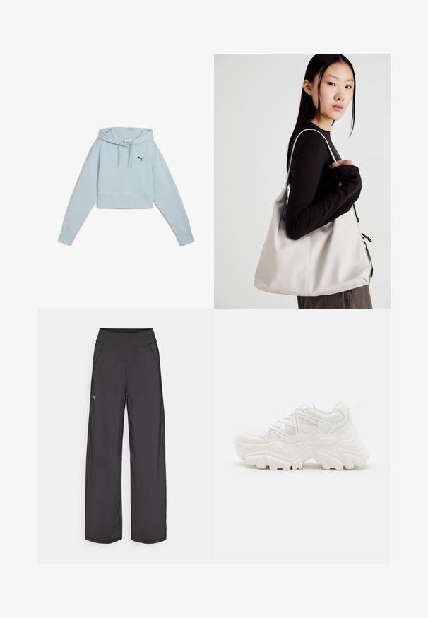 Haut de survêtement court bleu clair en tissu doux, doté d'une poche kangourou à l'avant, d'une capuche avec cordon de serrage et d'un logo marine sur la poitrine gauche.; Pantalons de sport noirs avec une large ceinture, poches latérales et coutures plates. Présente un petit logo sur la jambe gauche. Fabriqué à partir d'un tissu lisse et extensible.; Baskets blanches épaisses avec un dessus texturé, des panneaux en mesh et des semelles en caoutchouc épaisses avec un motif de semelle prominent. Lacets et tirette inclus.; Sac à main beige en matériau souple, avec un design décontracté, des détails cousus et deux poignées. Idéal pour un usage quotidien.