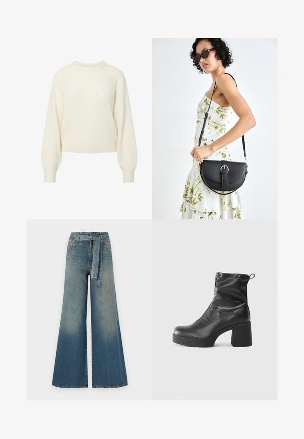 Kremasti dugih rukava pleteni pulover s rebrastim okovratnikom, manžetama i donjim rubom.; Široke traperice s gradijentom od svijetloplave do tamnoplave, visokog struka, petljama za remen i remenom od istog materijala. Teksturirana traper tkanina.; Crne gležnjače od glatke kože, s bočnim zatvaračem, debelim teksturiranim potplatom i dizajnom s zaobljenim prstima.; Crna kožna torba s lukovitim oblikom, odvojivim remenom i zlatnim detaljima. Torba ima preklop s kopčom.