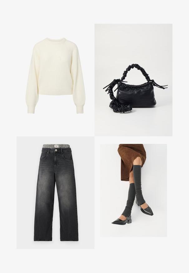 Maglione a maniche lunghe color crema realizzato in maglia con scollo rotondo a coste, polsini e orlo.; Jeans neri in denim a gamba larga con una cintura a motivo houndstooth. Presentano tasche frontali e chiusura con bottone. Texture usurata.; Scarpe nere in pelle verniciata con punta affilata, tacco a blocco e cinturino alla caviglia, abbinate a scaldamuscoli grigi a coste e una gonna in suede marrone.; Borsa a tracolla in ecopelle nera con texture a coccodrillo, apertura cinchata e tracolla arricciata. Si presenta con un design morbido e compatto.