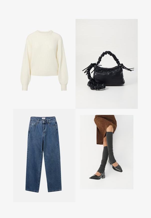 Kreemivärvi pikkade varrukatega soonikust kootud sviiter, millel on soonikkoes ümar kaelus, varrukate otsad ja ääred.; Klassikalised sinised denimists teksad otsejalaga disainiga, viie taskuga ja nööbisuletusega. Omab keskmist pesu ja tugevat tekstuuri.; Mustad patsaline odav värviga kingad, millel on kreen ja pahkluuring, on paaritatud hallide ribakudumitega sääremiidega ja pruunist nahast seelikuga.; Must must sünteetilisest nahast käekott, millel on krokodillimuster, kokku tõmmatav ülaosa ja kortsus rihm. Tundub pehme ja kompaktne disain.