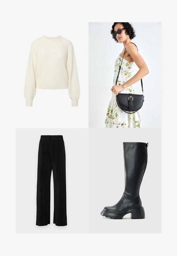 Kréma krāsas garas piedurknes adīts džemperis ar ribotu apaļu kakla izgriezumu, aprocēm un apakšmalu.; Melni plīšu bikses ar elastīgu jostu. Tām ir platākas kājas un gluda, teksturēta auduma ar vertikālām svītrām.; Augstas melnas ādas zābakus ar masīvu platformu un bloka papēdi, ar vilkšanas cilpu un strukturētu profilu uz ārējā zoles.; Melnas ādas rokassoma ar izliekta formu, noņemamu siksnu un zelta aksesuāriem. Somai ir vāciņš ar sprādzes detaļu.