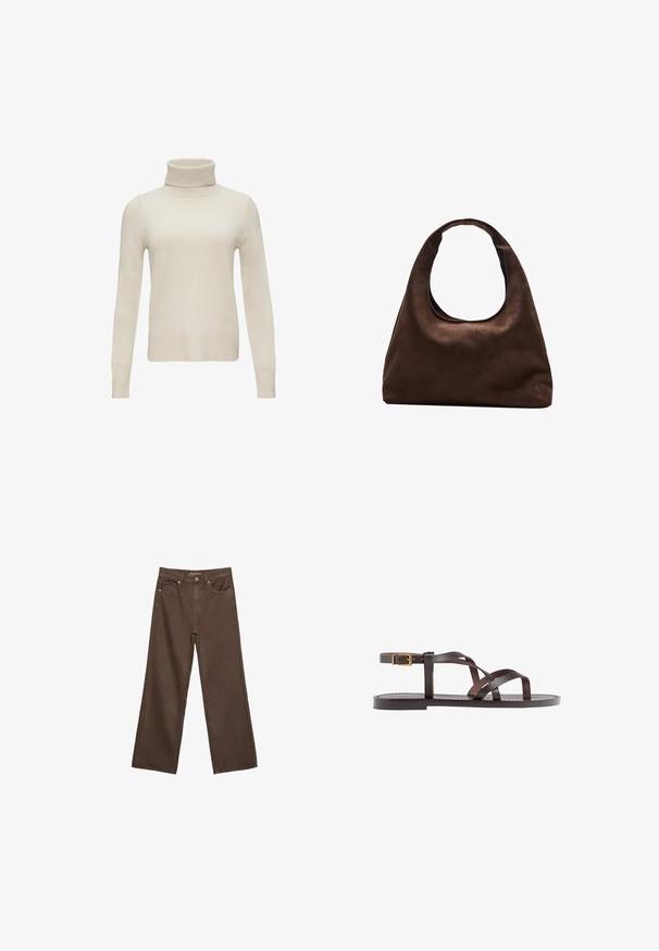 Sweter z golfem w kolorze kremowym, wykonany z miękkiego materiału o plecionej strukturze. Długie rękawy z dopasowanymi mankietami, bezszwowy krój oraz ryflowany dekolt.; Szerokie brązowe dżinsy wykonane z denimu, z wysokim stanem, przednimi kieszeniami i klasycznym zapięciem na guzik. Gładka faktura z subtelnym przeszyciem.; Brązowe skórzane sandały z krzyżującymi się paskami, zapięciem na klamrę przy kostce oraz płaską podeszwą z minimalnymi detalami szycia.; Miękka, brązowa torebka w stylu hobo z jedną szeroką rączką i wyprofilowanym otwarciem, wyeksponowana na białym tle.